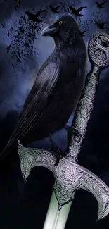 Mysterious raven perched on a decorative sword against a dark, cloudy sky.