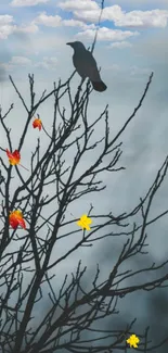 Raven silhouette on branch with autumn leaves and cloudy sky.