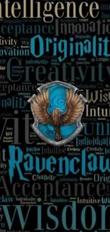 Ravenclaw themed wallpaper with eagle crest surrounded by inspiring words.