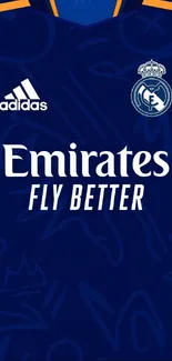 Real Madrid blue Adidas wallpaper with Emirates Fly Better logo.