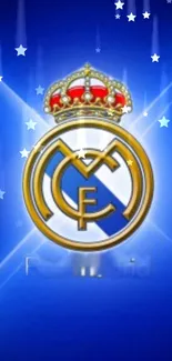 Real Madrid emblem on a blue background with stars.