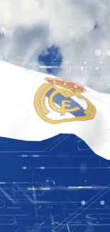 Real Madrid flag with digital blue sky background.