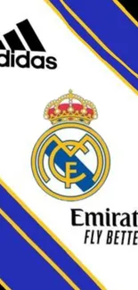 Real Madrid wallpaper with crest and blue design.