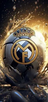 Real Madrid soccer ball with crest in splash.