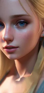 Realistic digital art of a blonde girl with blue eyes for mobile wallpaper.