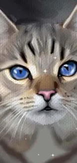 Realistic painting of a blue-eyed cat with a soft gray fur, perfect for phone wallpaper.