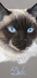 Realistic cat portrait with blue eyes on a gray background.