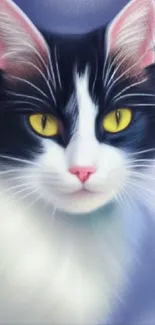 Realistic black and white cat with yellow eyes on a purple background.