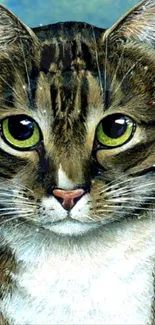 Realistic cat portrait wallpaper with green eyes and detailed brown fur.