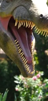 Close-up of a roaring dinosaur head with sharp teeth in lush greenery.