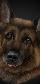 Realistic German Shepherd portrait on a dark background wallpaper.