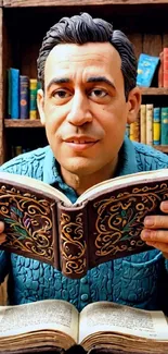 Figurine man reading a detailed book with a vibrant bookshelf backdrop.