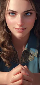 Realistic portrait of a young woman with intricate details and blue eyes.