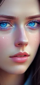 Realistic portrait of a sad woman with blue eyes, perfect for mobile wallpaper.