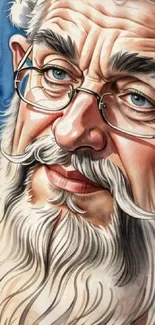 Detailed illustration of Santa Claus with glasses and white beard.