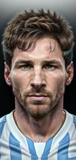 Realistic portrait of a famous soccer player in a blue and white jersey.