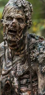 Realistic zombie in a dense forest, perfect for horror fans.