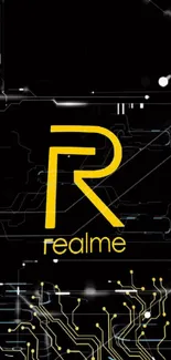 Yellow Realme logo on a black futuristic circuit background.