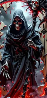 Skeletal reaper with fiery background art.