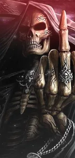 Skeleton reaper holding up fingers in dark theme wallpaper.