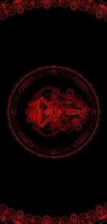 Abstract red geometric design on black background.