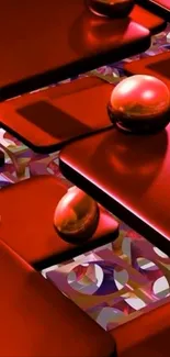 Red abstract geometric design wallpaper with metallic textures.