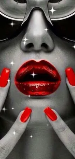 Monochrome background with red lips and nails, exuding glamour and bold style.