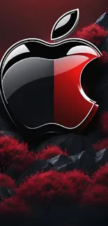 Red and black apple logo wallpaper with vibrant red foliage.