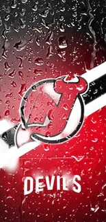 Red and black Devils wallpaper with logo and water droplets.