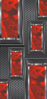 Red and black geometric pattern wallpaper with rectangular accents.