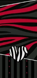 Red and black zebra pattern wallpaper with heart design.