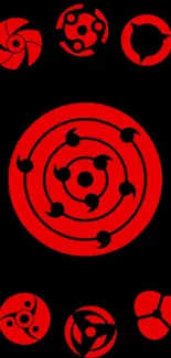 Red and black ninja-inspired wallpaper with circular designs on a dark background.