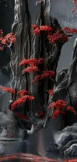 Red trees on dramatic black rocks, artistic mobile wallpaper.