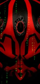 Red and black sci-fi mask with green code background.