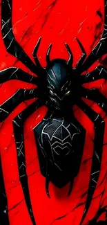 Red and black spider design on vibrant wallpaper.