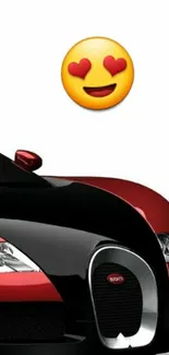 Red and black sports car with heart eyes emoji on top, sleek design.