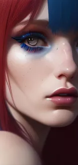 Digital art portrait of a girl with red and blue highlights.