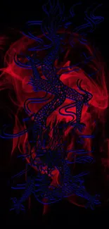 Blue dragon with red fiery background on wallpaper.