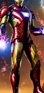 Red and gold armor with glowing energy on a dramatic background.