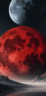 Red and gray moons over a barren landscape, featuring a surreal space scene.