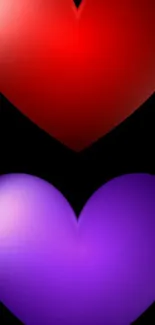 Two vibrant hearts, red and purple, on black.