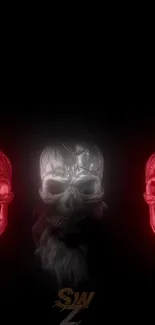 Red and silver skulls artwork on dark background, perfect for phone wallpaper.