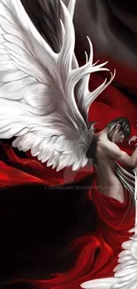 Angel with majestic wings on a red background.