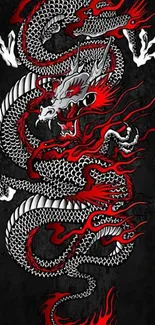 Vibrant red and white dragon on a dark background, perfect for mobile wallpaper.