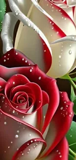 Red and white roses with dewdrops wallpaper.