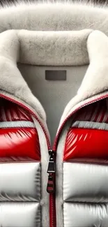 Red and white padded jacket with fur details.