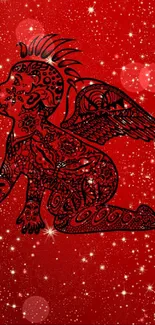 Intricate angel with wings on a red starry background.