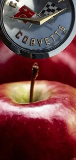 Red apple with Corvette clock background wallpaper.