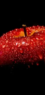 Vibrant red apple with water droplets on a dark background.