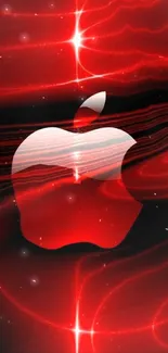 Vibrant red Apple-themed mobile wallpaper with logo and light effects.